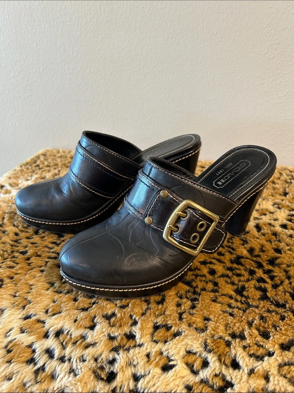 Coach Black Leather Buckle Clog Heels